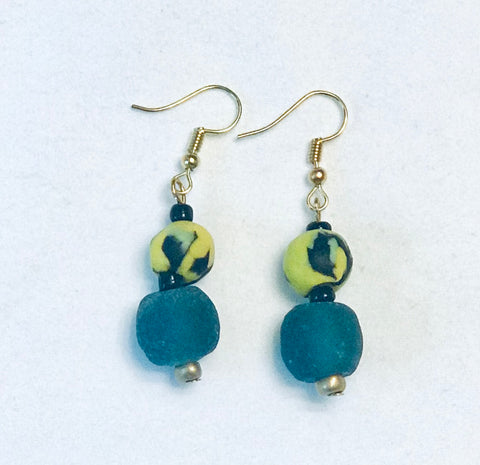 Hand-painted Yellow and Black Ghana Glass Earrings