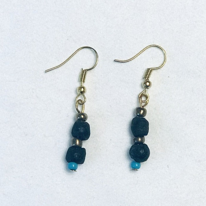 Ghana Black Glass and Turquoise Seed Beads Earrings