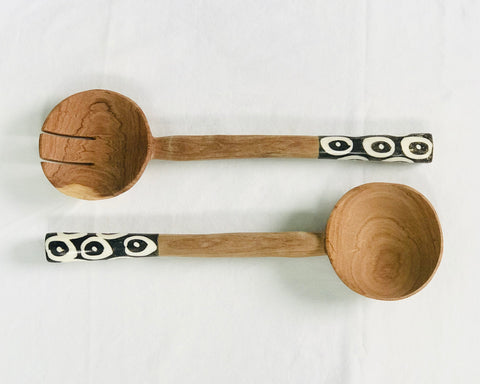 Hand-carved Chunky Acacia Wood Spoons with Stained Cow Horn Handles