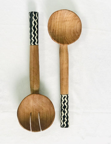 Hand-Carved Chunky Olive Wood Spoon Set with Stained Cow Horn Handles