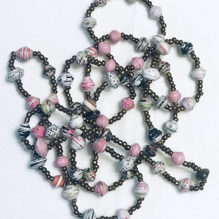 Paper Bead Floral Necklace - Pink /White