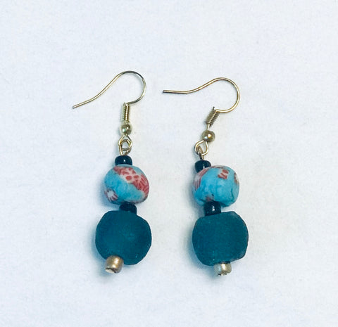 Hand-painted Blue Ghana Glass  Earrings