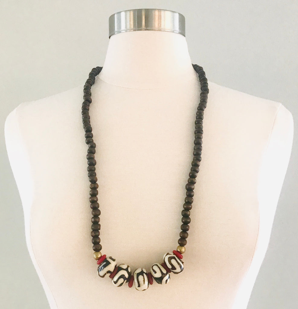 African Etched Rondelles with Ghana Red Glass Beads Necklace