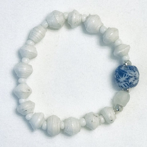 Blue Floral Glass/Clear Ghana Glass with White Paper Beads Stretchy Bracelet