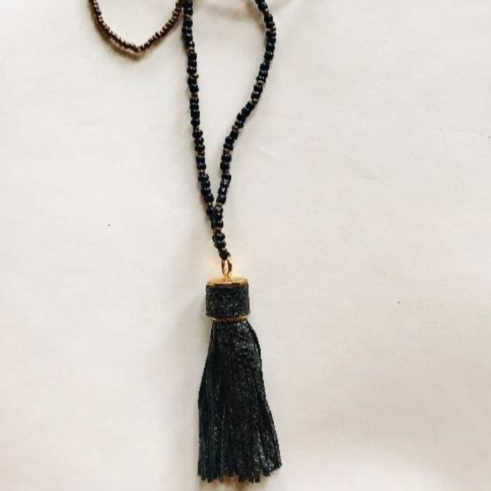 Long Turquoise and Jasper Beaded Necklace with Large Turquoise Focal Bead  and Leather Tassel