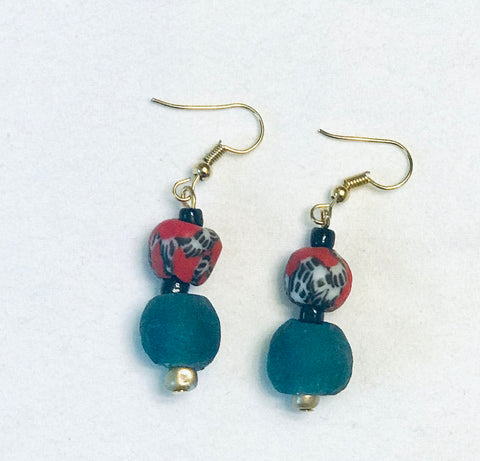 Hand-painted Red and Blue Ghana Glass Earrings