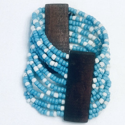 Sky Blue/White Beaded Stretchy African Cuff Bracelet with Wood