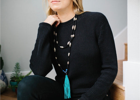 Paper Bead Necklace with Turquoise Tassel