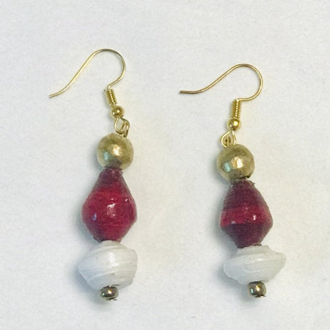 Paper Bead Earrings-Cranberry and White