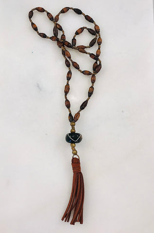 Brown Paper Bead Tassel Necklace