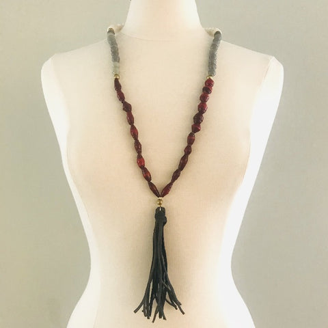 Black Tassel with Cranberry, Grey and White Paper Beads