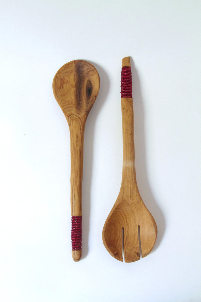 Acacia Wood Beaded Spoons - Red